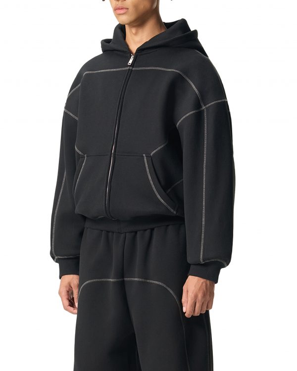 Contrast-Stitched Boxy Fleece Zip Hoodie
