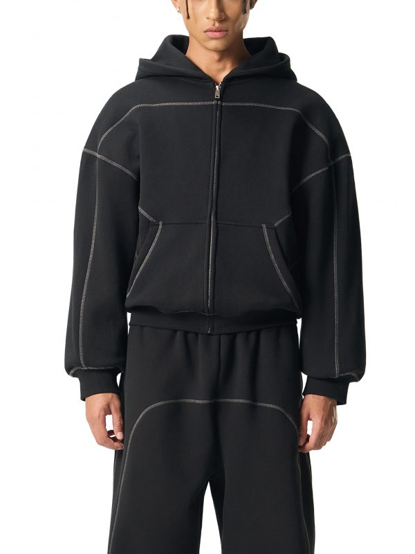 Contrast-Stitched Boxy Fleece Zip Hoodie — 3