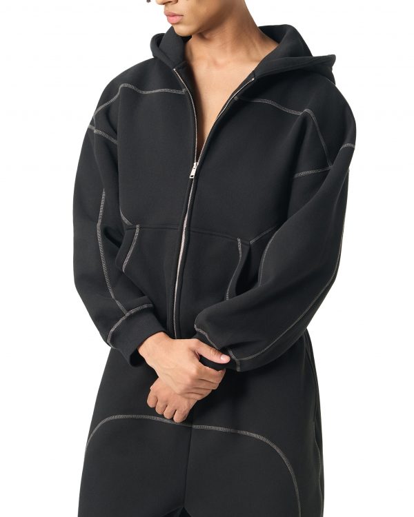 Contrast-Stitched Boxy Fleece Zip Hoodie